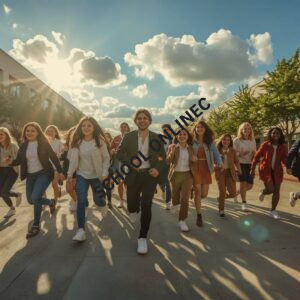 Teacher and students running to school
