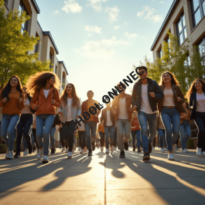Teachers and students running to school
